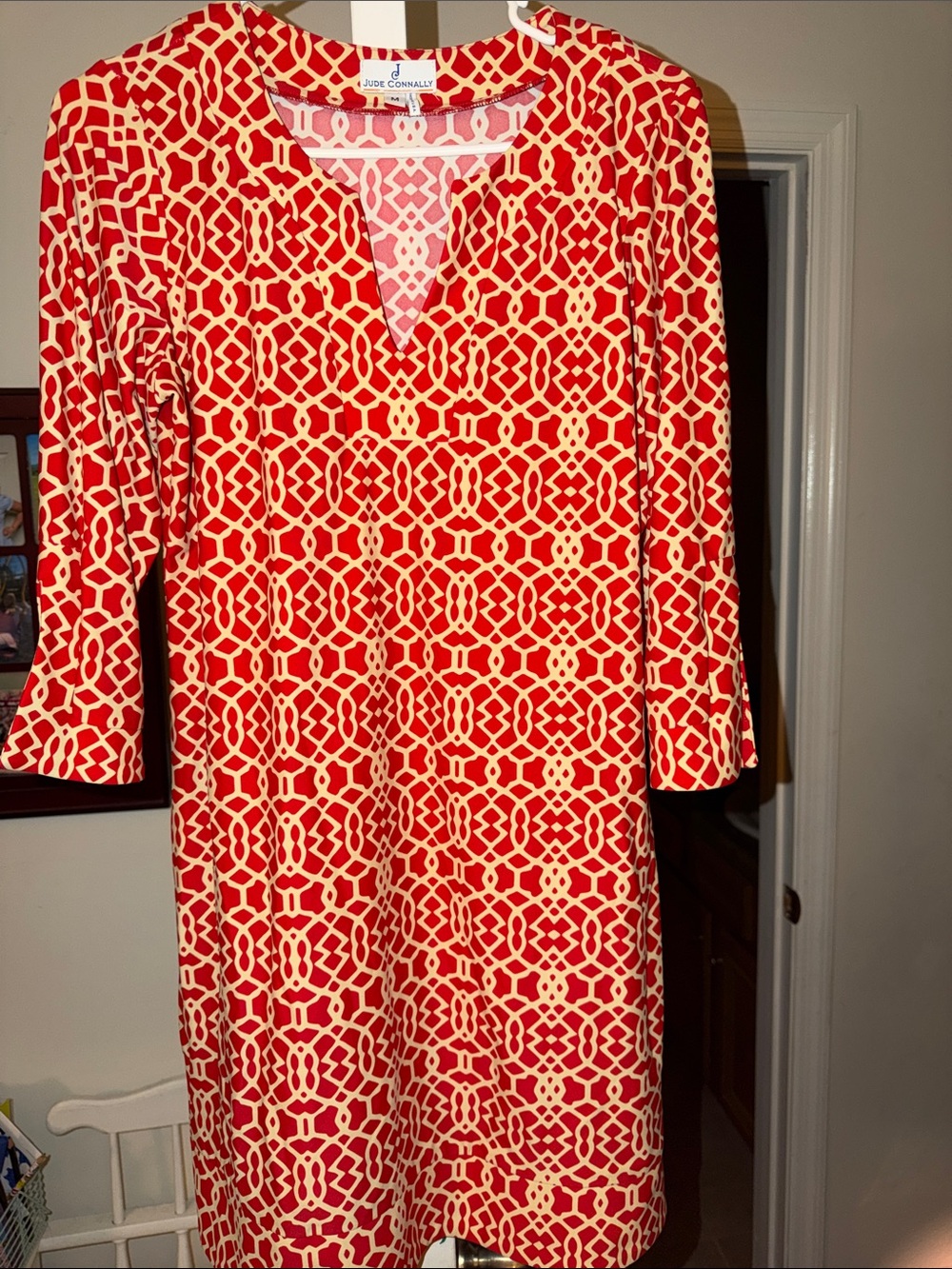 Jude Connally Red and Cream Geometric Shift Dress - Picture 1 of 4
